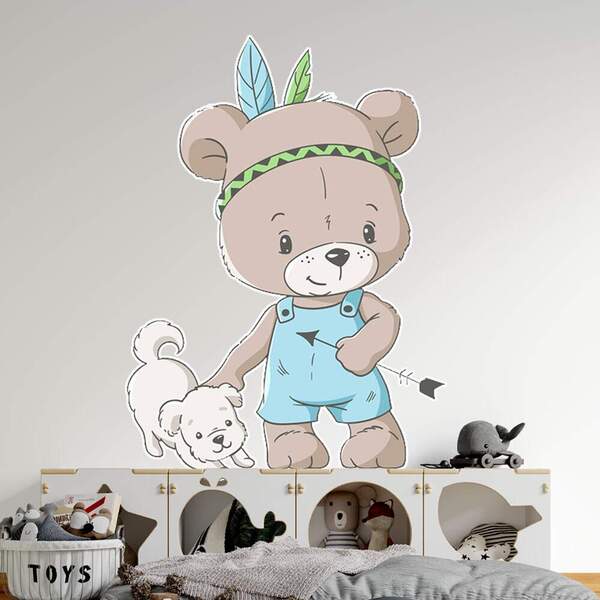 Adesivo De Parede Infantil Ursinho Com Cachorro-g 75x56cm