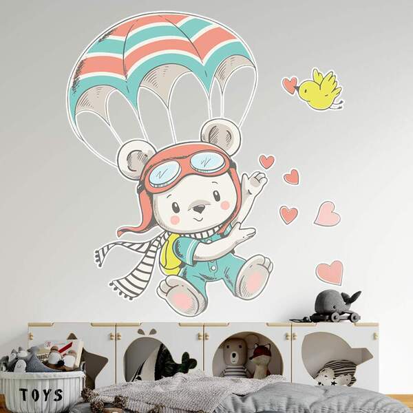 Adesivo De Parede Infantil Ursinho De Para Quedas-m 65x59cm