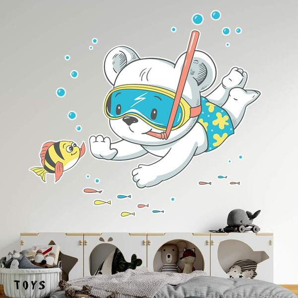 Adesivo De Parede Infantil Ursinho Mergulhador-g 75x83cm