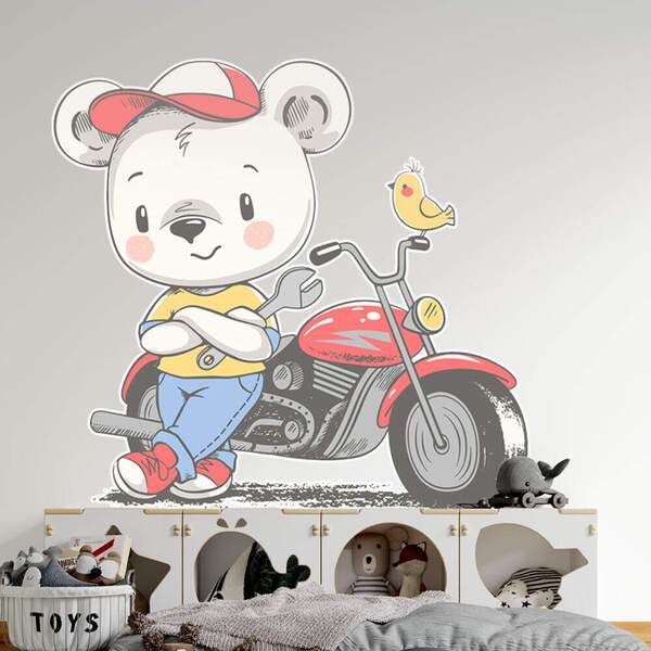 Adesivo De Parede Infantil Ursinho Motoqueiro-eg 85x89cm