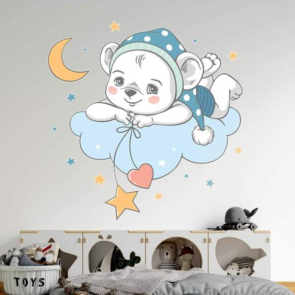 Adesivo De Parede Infantil Ursinho Na Nuvem-m 65x66cm