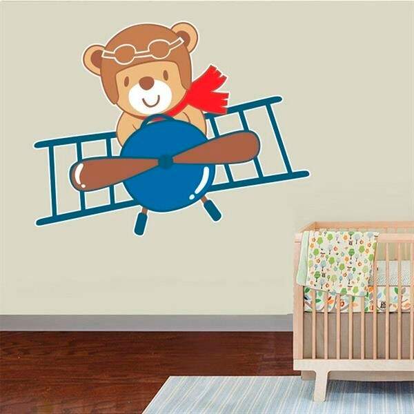 Adesivo De Parede Infantil Ursinho No Avião- Grande  90x118cm