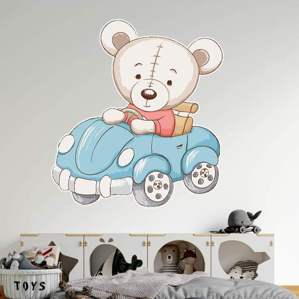 Adesivo De Parede Infantil Ursinho No Carrinho-p 55x51cm