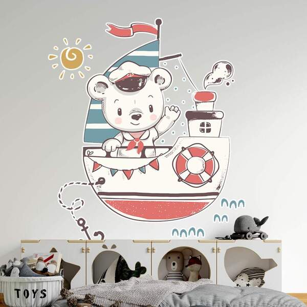 Adesivo De Parede Infantil Ursinho No Navio-eg 85x71cm