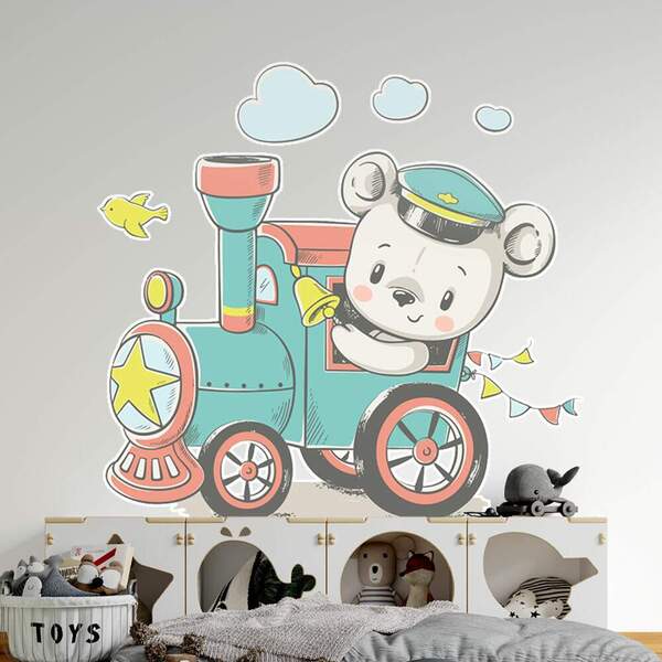 Adesivo De Parede Infantil Ursinho No Trenzinho-es 100x100cm