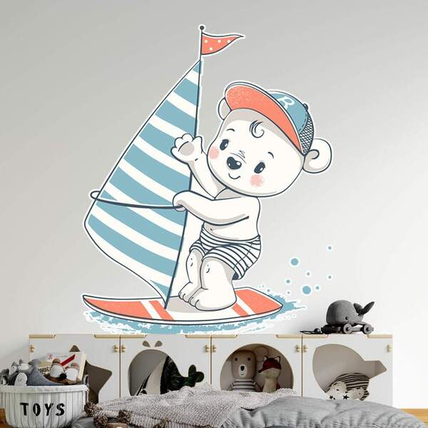 Adesivo De Parede Infantil Ursinho Surfista-p 55x45cm