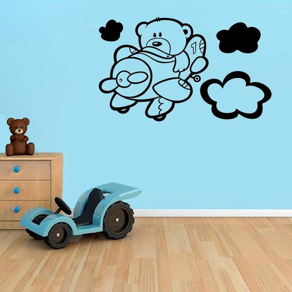 Adesivo De Parede Infantil Urso No Avião - Grande 68x41cm