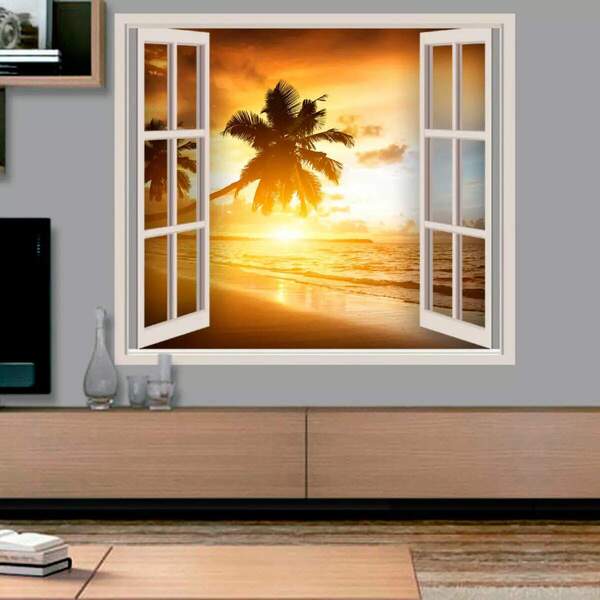 Adesivo De Parede Janela Falsa Praia Por Do Sol-p 80x50cm