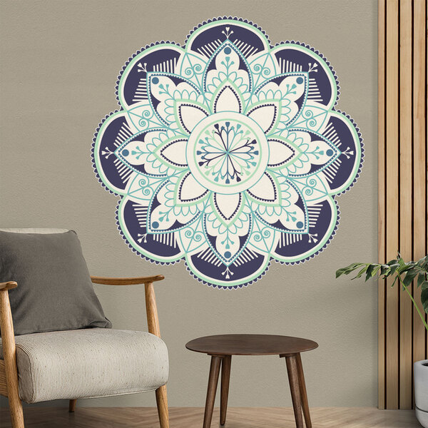 Adesivo De Parede Mandala Azul Escuro E Verde Água-g 80x80cm