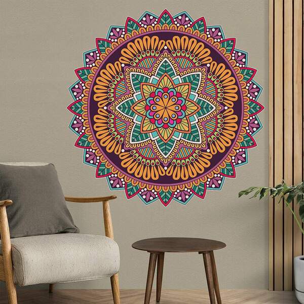 Adesivo De Parede Mandala Colorida Laranja E Roxo-g 80x80cm