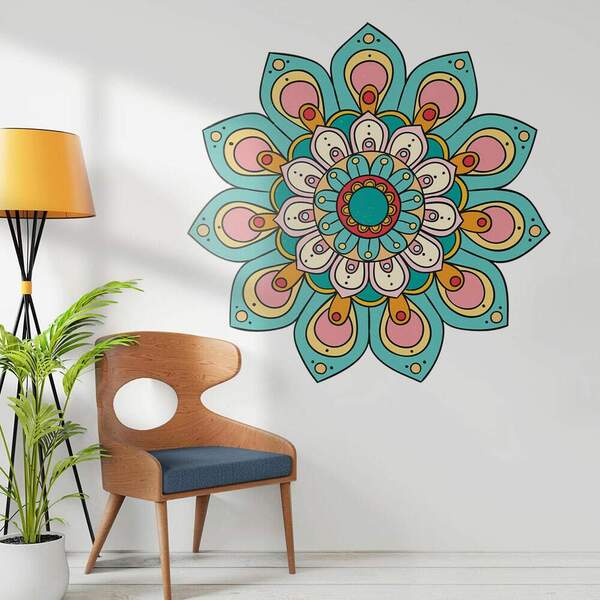 Adesivo De Parede Mandala Desenho Azul E Bege-p 50x50cm