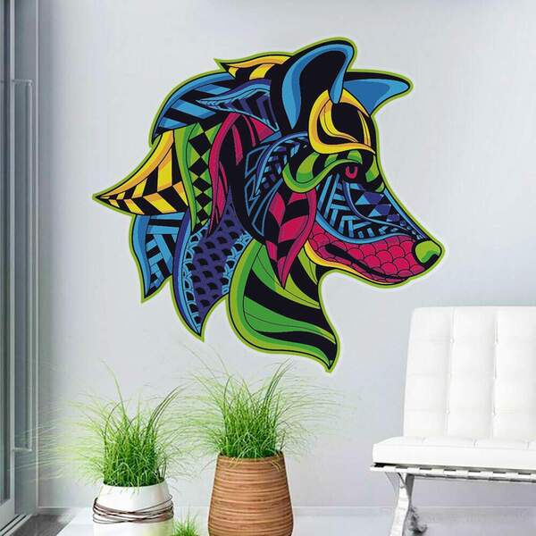 Adesivo De Parede Mandala Lobo Colorido-p 45x43cm