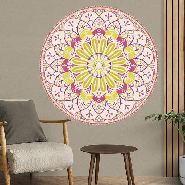 Adesivo De Parede Mandala Rosa E Amarelo-m 60x60cm