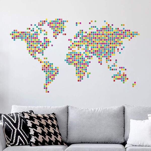 Adesivo De Parede Mapa-múndi Colorido Quadriculado-eg 131x75