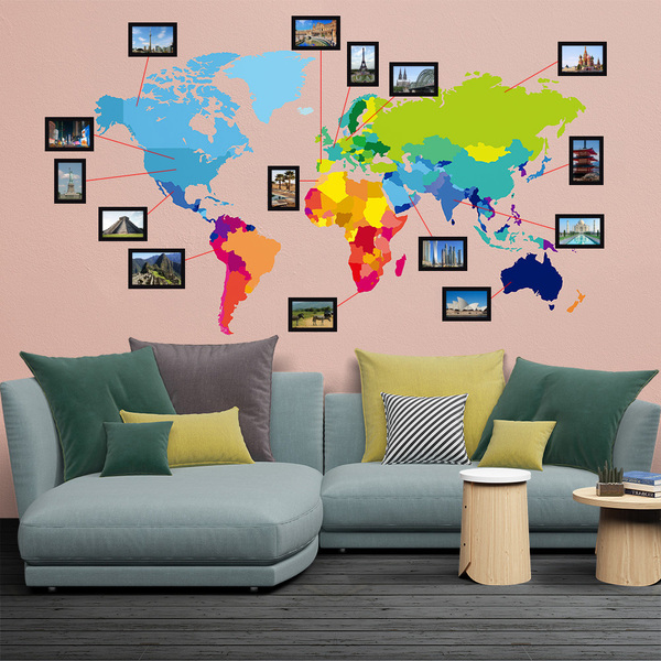 Adesivo De Parede Mapa Mundi Com Molduras Colorido 140x80cm