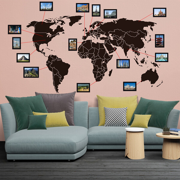 Adesivo De Parede Mapa Mundi Com Molduras Preto 140x80cm