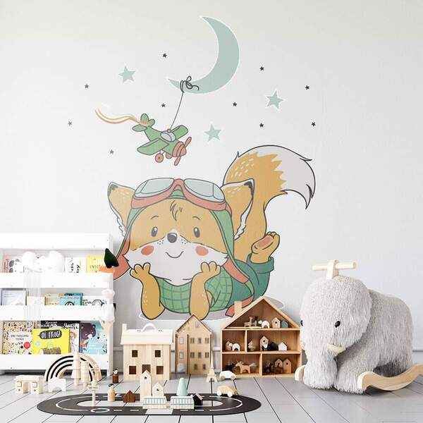 Adesivo De Parede Raposinha Com Roupinha Verde-es 100x80cm