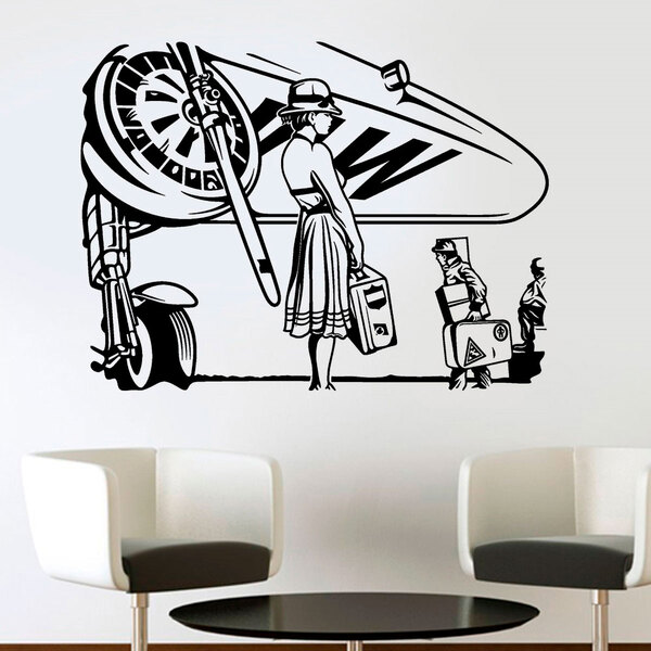Adesivo De Parede Retrô Mulher E Avião-m 78x58cm