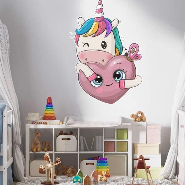 Adesivo De Parede Unicornio Com Coração-p 55x41cm