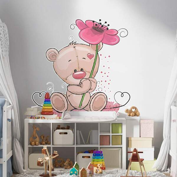 Adesivo De Parede Ursinha Com Flor-p 55x62cm