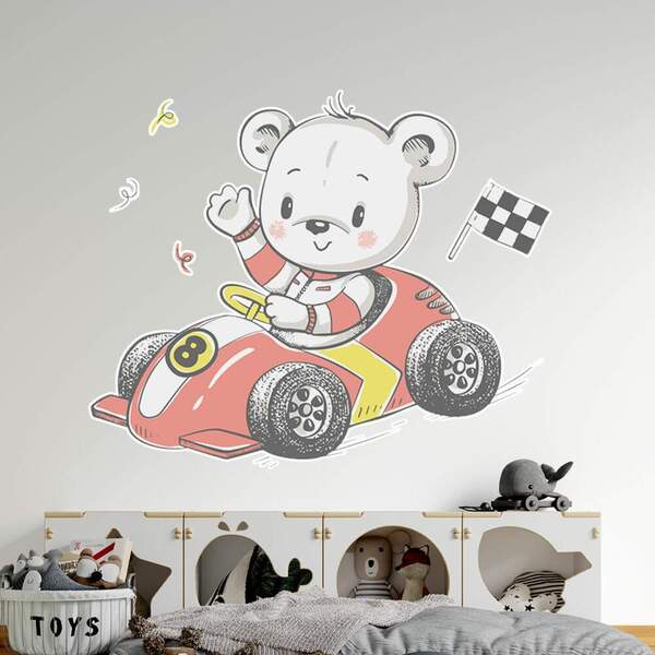 Adesivo De Parede Ursinho Carro De Formula 1-m 65x83cm