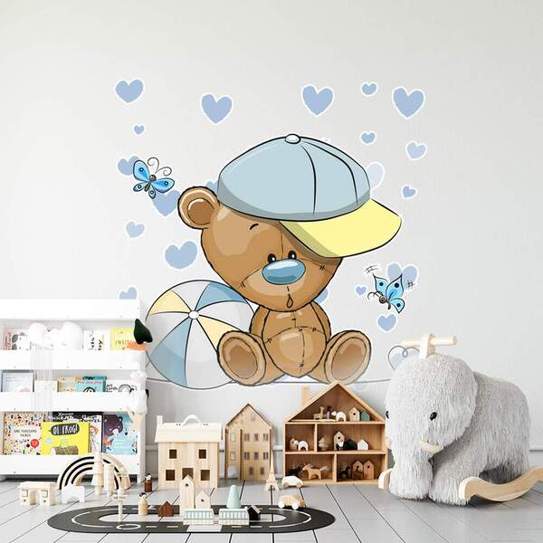 Adesivo De Parede Ursinho De Chapeu Azul-eg 85x91cm
