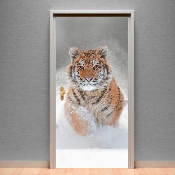 Adesivo De Porta Animais Tigre Na Neve-63x210cm