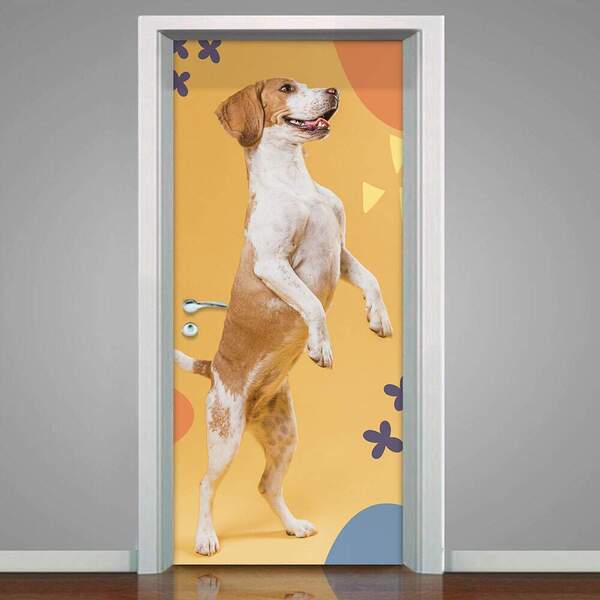 Adesivo De Porta Cachorro Pulando Fundo Bege-93x210cm