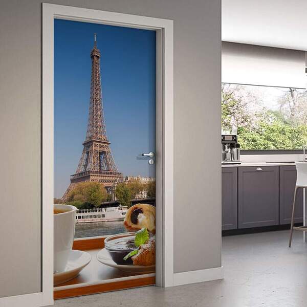 Adesivo De Porta Café Da Manhã Torre Eiffel-83x210cm