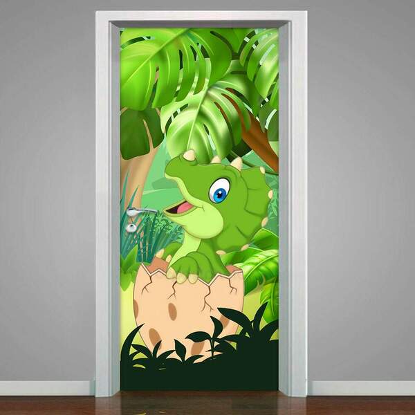 Adesivo De Porta Dinossauro Baby No Ovo Quebrando-73x210cm