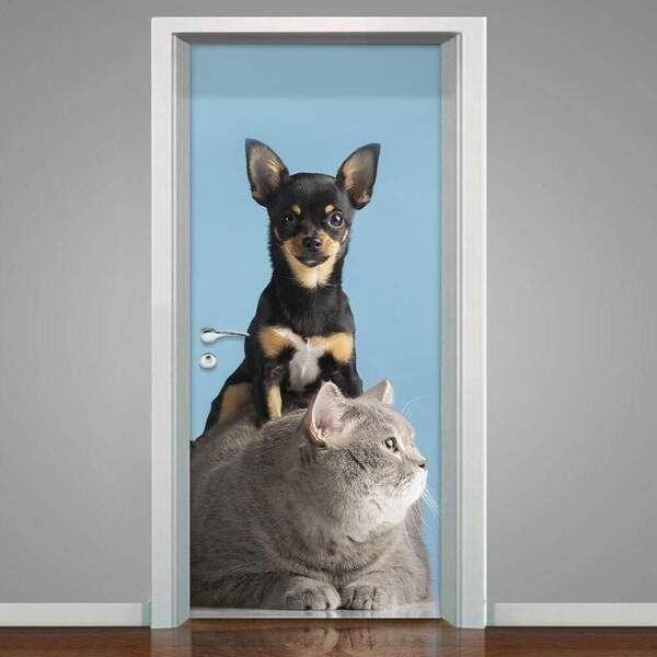 Adesivo De Porta Pet Shop Pinscher E Gato Cinzal-83x210cm