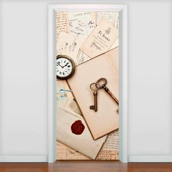 Adesivo De Porta Vintage Papel Envelhecido-93x210cm