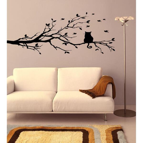 Adesivo Decorativo De Parede Tronco C/ Gato E Pássaros