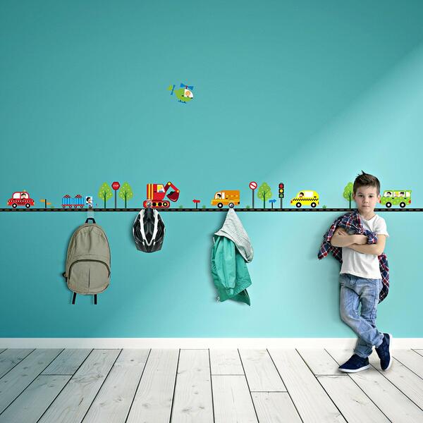 Adesivo Infantil Carros Na Cidade E Gancho Acrílico 3un