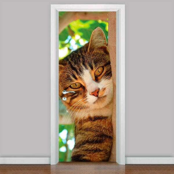 Adesivo Para Porta Animais Gato Na Árvore-63x210cm