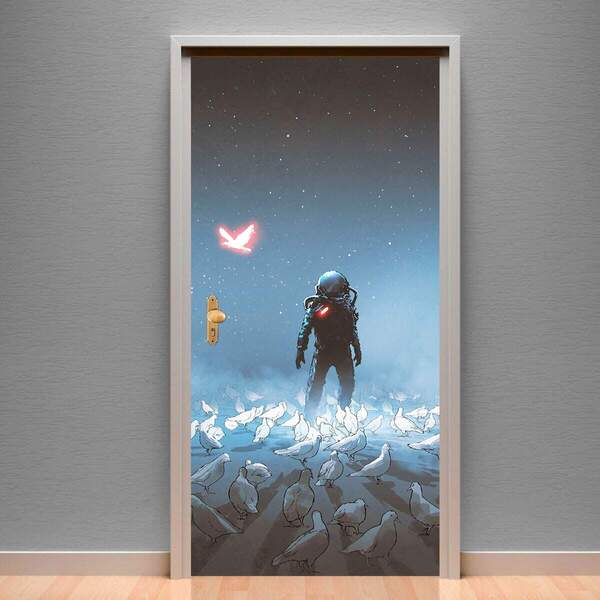 Adesivo Para Porta Astronauta Com Aves-83x210cm