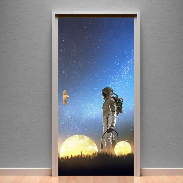 Adesivo Para Porta Astronauta Com Luas E Estrelas-63x210cm