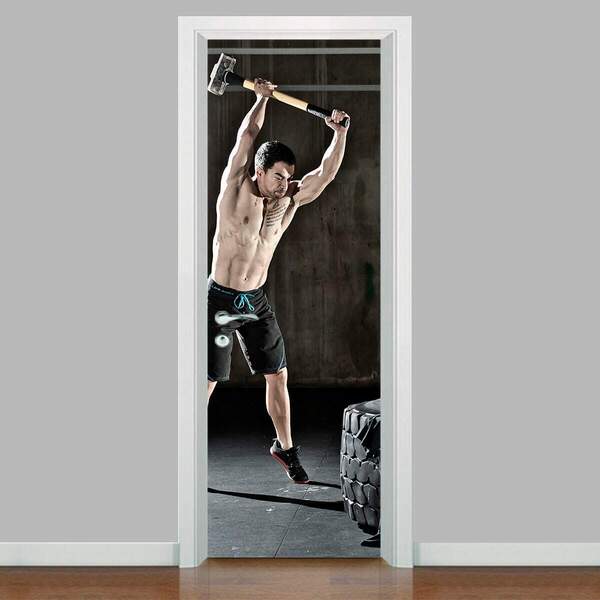 Adesivo Para Porta Crossfit Homem Com Marreta-63x210cm
