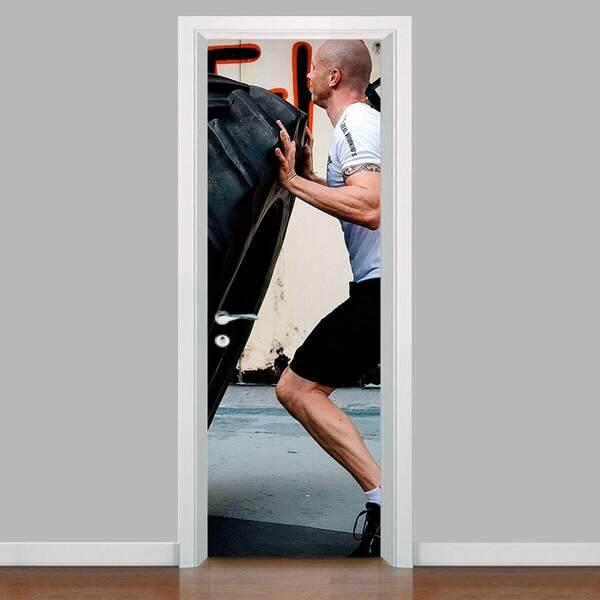 Adesivo Para Porta Crossfit Homem Com Pneu-63x210cm