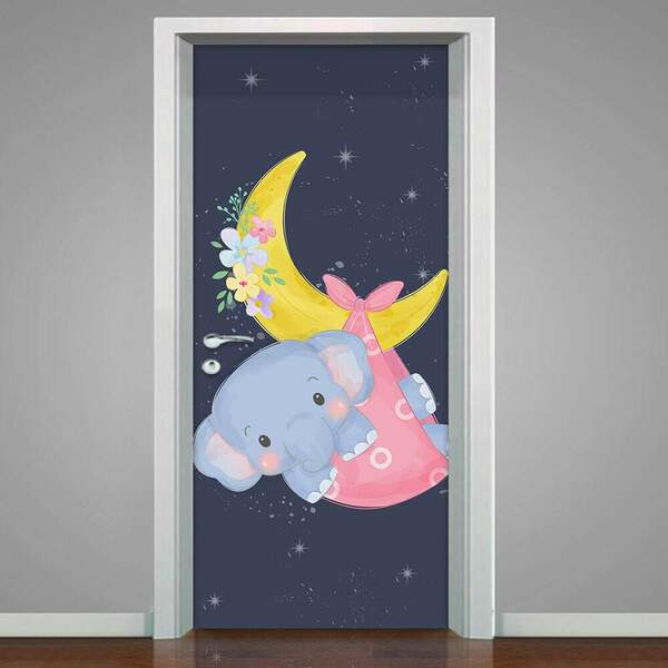 Adesivo Para Porta Elefantinha Baby Na Lua-63x210cm