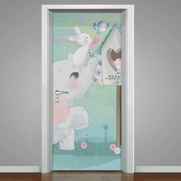 Adesivo Para Porta Elefantinho Coelho E Passarinho-83x210cm