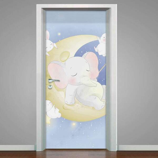 Adesivo Para Porta Elefantinho Dormindo Na Lua-83x210cm