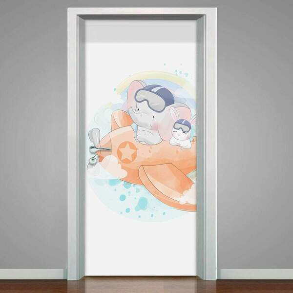 Adesivo Para Porta Elefantinho E Coelho Aviador-93x210cm