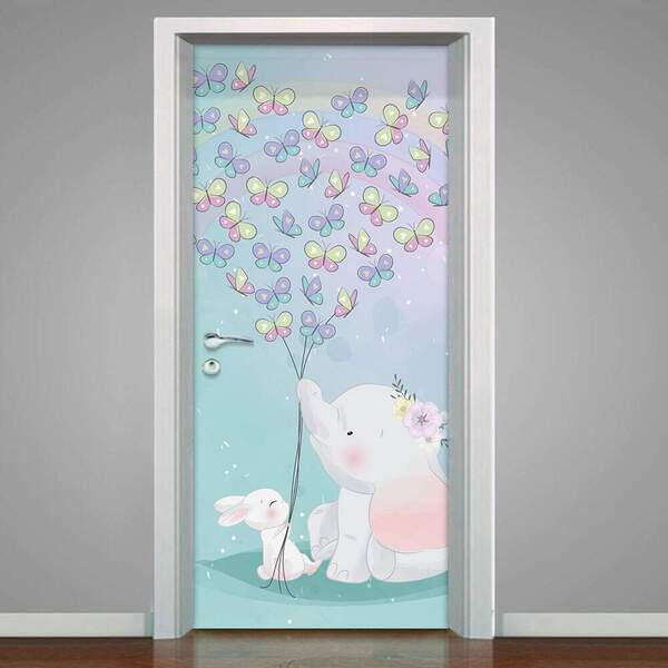Adesivo Para Porta Elefantinho No Balão  Borboletas-63x210cm
