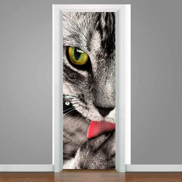 Adesivo Para Porta Gatinho Lambendo Patinha-73x210cm