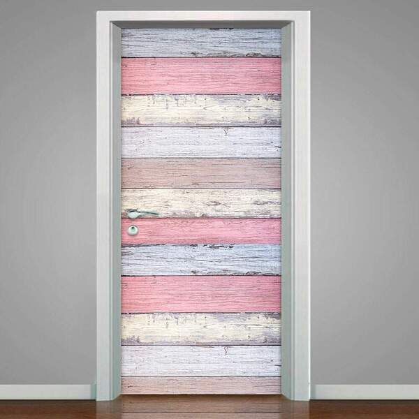 Adesivo Para Porta Madeira Listrada Rosa E Cinza-93x210cm