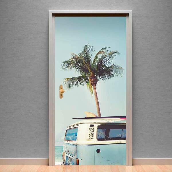 Adesivo Para Porta Paisagem 48 Coqueiro E Kombi-63x210cm