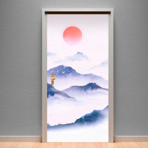 Adesivo Para Porta Paisagem 79 Pássaros E Neblina-73x210cm