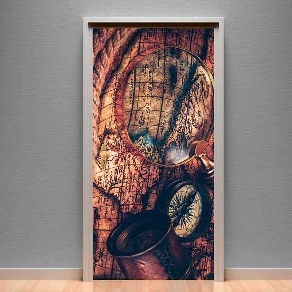 Adesivo Para Porta Retro Bússola E Mapa-73x210cm