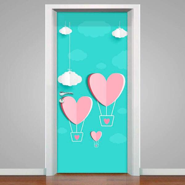 Adesivo Para Porta Romântico Coração E Nuvens-73x210cm